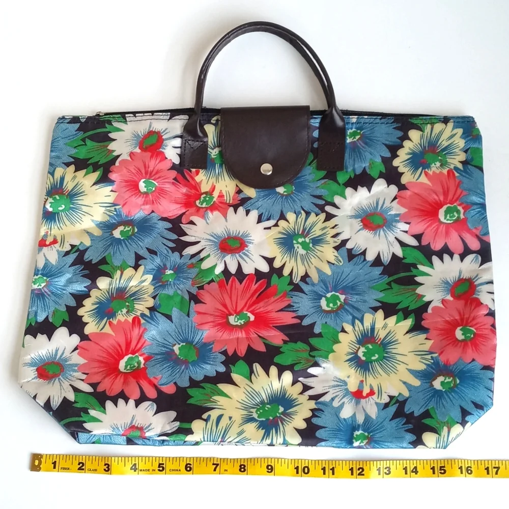 Travel Foldable Floral Vinyl Tote Bag with 3 Matching Pouches